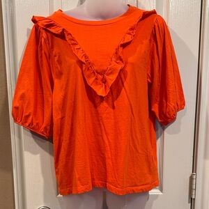 J Crew Orange Ruffle Front Top. Sz Medium